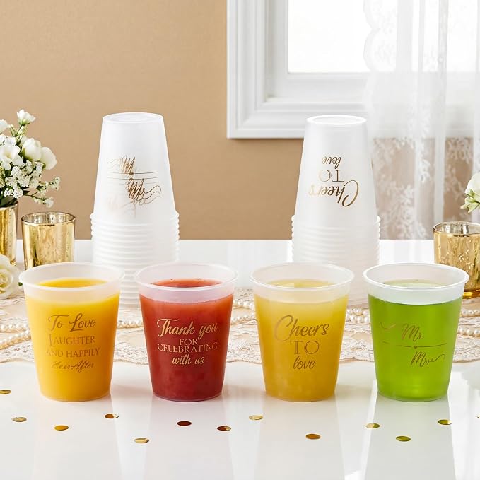 Yungyan 100 Pcs Wedding Frosted Plastic Cups Bulk 12 oz Clear Wedding Cups for Reception Disposable Cheer to Love Bridal Shower Bachelorette Party Supplies