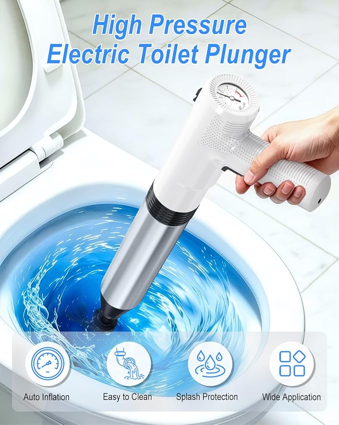 Ublue Electric Toilet Plunger, 4 in 1 High Pressure Toilet Unclogger with Multi-Purpose Heads & Automatic Inflation, Heavy Duty Drain Clog Remover for Bathroom, Washbasin and Floor Drain
