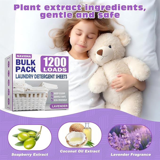 1200 Loads Laundry Detergent Sheets, Eco-friendly Laundry Sheets, Powerful Cleaning, Suitable for Homes, Dorms, and Apartments - [Lavender Fragrance]