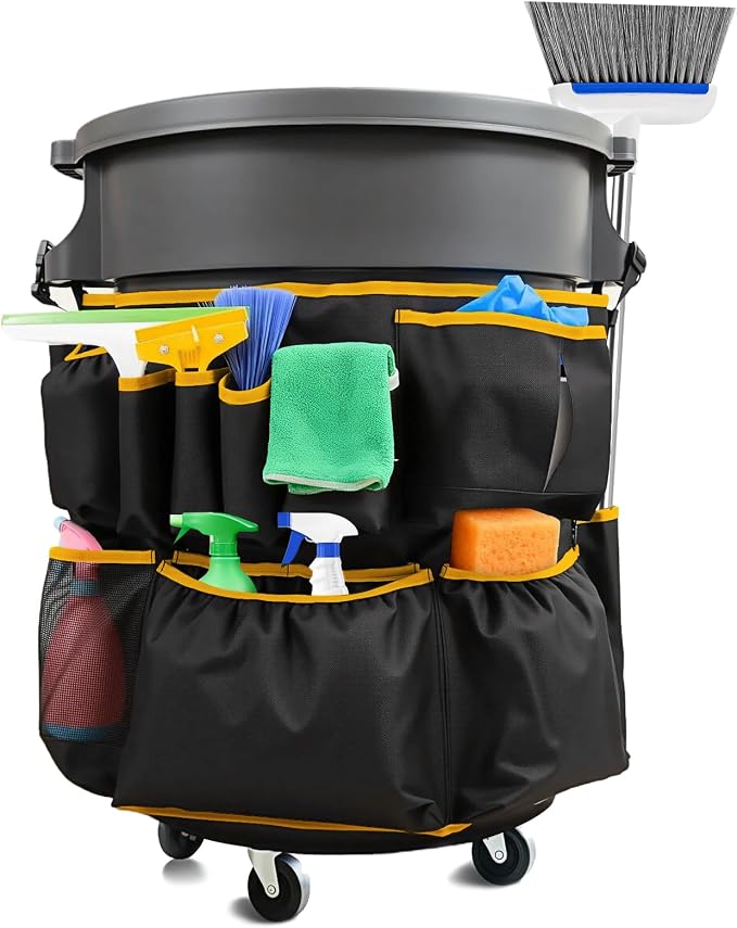 Trash Can Caddy Bag, 1680D waterproof and easy-to-clean fabric, fits for 32-55 Gallon Garbage Bin with Adjustable Buckle, Multi-Pocket Garbage Bin Caddy Organizer, Orange Edge