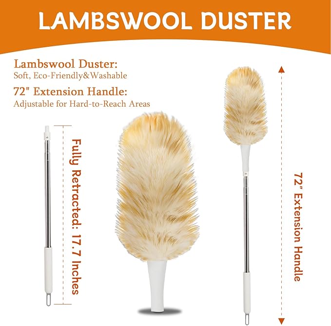 Madrigal 72" Extendable Lambswool Feather Duster for Cleaning,Washable and Reusable Long Handle Handheld Feather Duster for High Places, Home,Office Cleaning