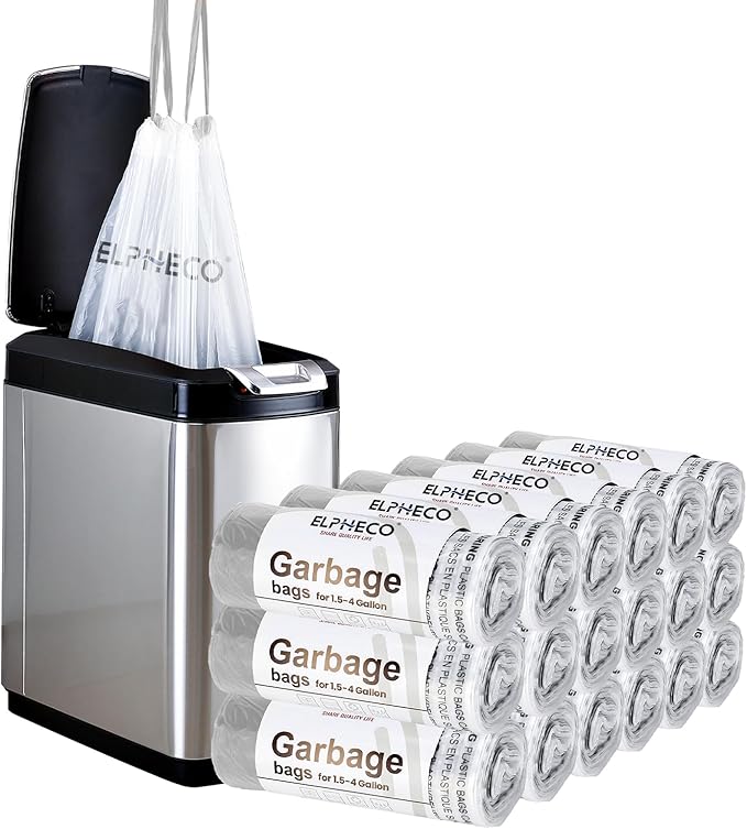 ELPHECO 2.5 Gallon Trash Bags │ 15 Liters Drawstring Garbage Bags │ Small Trash Bags For Bathroom Office Living Room Use │ Suitable For 1.5-4 Gallon Trash Can │ 18"×20" │ 180 Count / 18 Rolls │ A