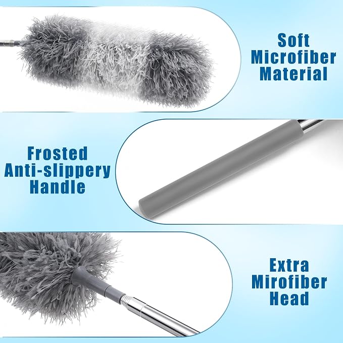 Tanlade 1 Pcs Microfiber Feather Duster for Cleaning 13-31 Inch Extendable Cobweb Dusters Ceiling Fan Duster Washable Bendable Tool for Office Car Window Furniture (Gray White)