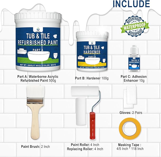XUDOAI Bathtub Refinishing Kit Gloss White 21.5oz Tub Paint Reglazing, Tub and Tile Refinishing Kit with Tools, Paint for Bathroom/Kitchen/Shower/Porcelain/Sink/Ceramic