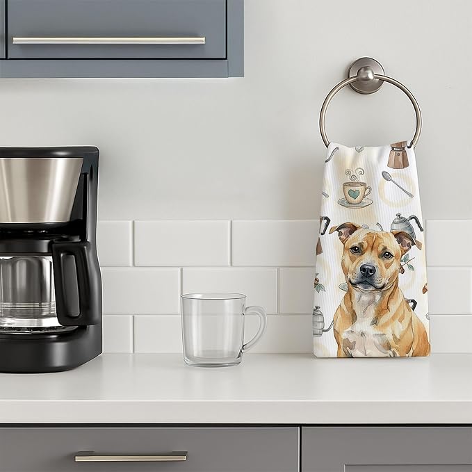 Caroline's Treasures Fawn Staffordshire Bull Terrier Coffee Bar Kitchen Towel Velour Plush Front and Cotton Loop Back Machine Washable