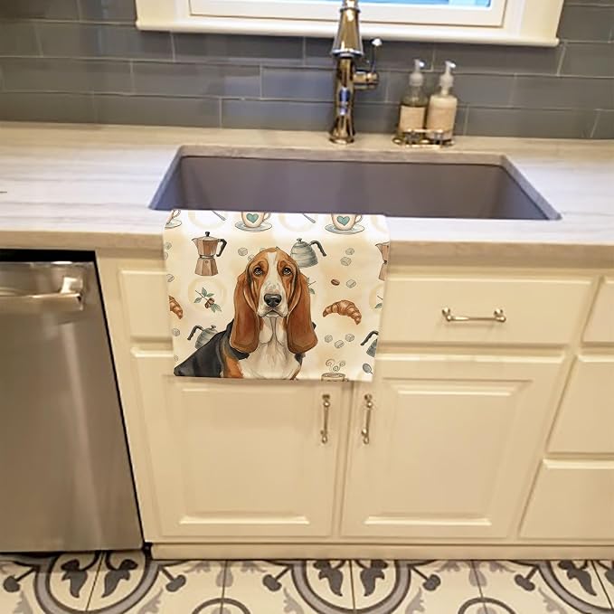 Caroline's Treasures Tricolor and White Basset Hound Coffee Bar Kitchen Towel Velour Plush Front and Cotton Loop Back Machine Washable