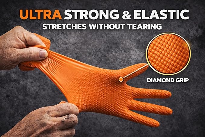 AroCare 8 Mil Orange Nitrile Gloves,3D Raised Diamond Texture-Latex & Powder Free-Industrial, Mechanic