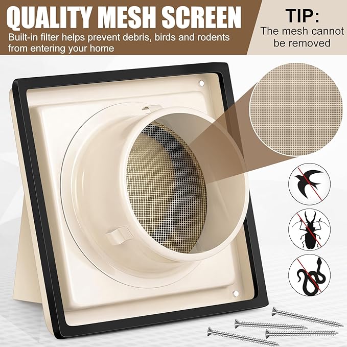 Gisafai 4" Dryer Vent Cover Outside with Stainless Steel Mesh Wall Dryer Exhaust Cap and Removable Extended Pipe Vent Shroud Hood Cushioned Non Return Flap with Sealing Gasket Grille(Tan)