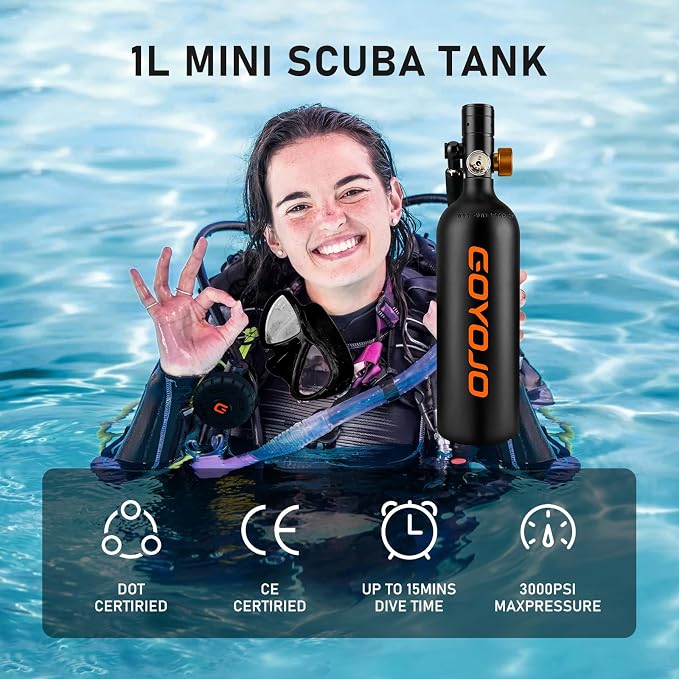 GOYOJO Mini Scuba Tank, Portable Diving Lung Air Tank with DOT Certified, Refillable Emergency Backup Pony Bottle for Snorkeling, Underwater Breathing, Training