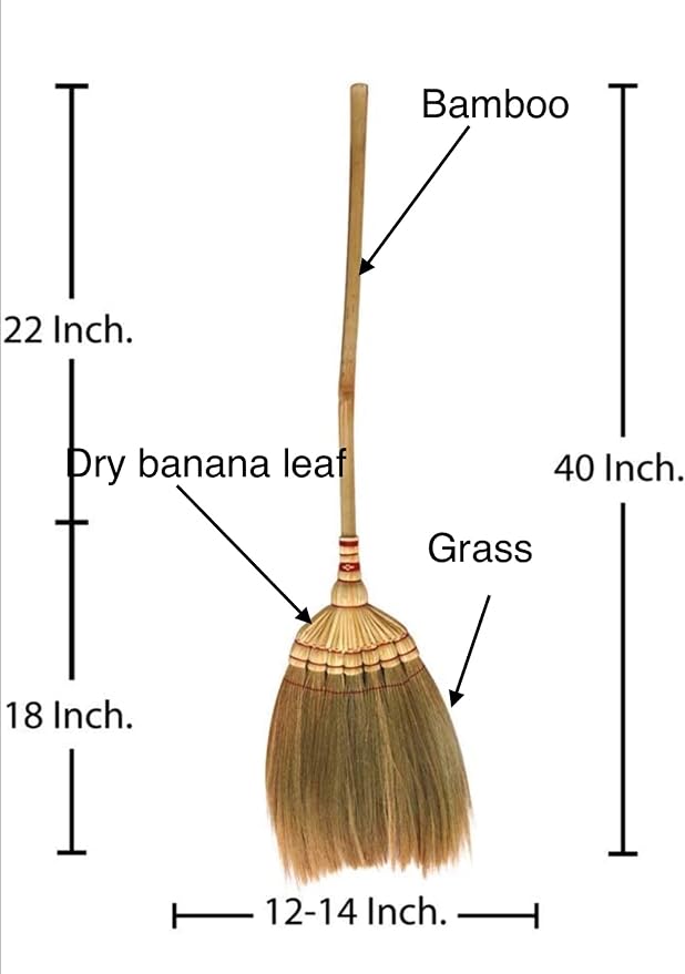 Asian Natural Grass Handmade Broom 38-40 inch Vintage Retro Style Housewarming Gift, Witch Broom, Thai Broom, Broomstick Bamboo Stick Handle, Kong Grass Broom, Durable Broom for Indoor & Outdoor