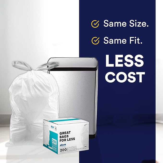 Plasticplace Custom Fit Trash Bags, Compatible with Simplehuman Code R (100 Count) White Drawstring Garbage Liners 2.6 Gallon/ 10 Liter 16.5" x 18"