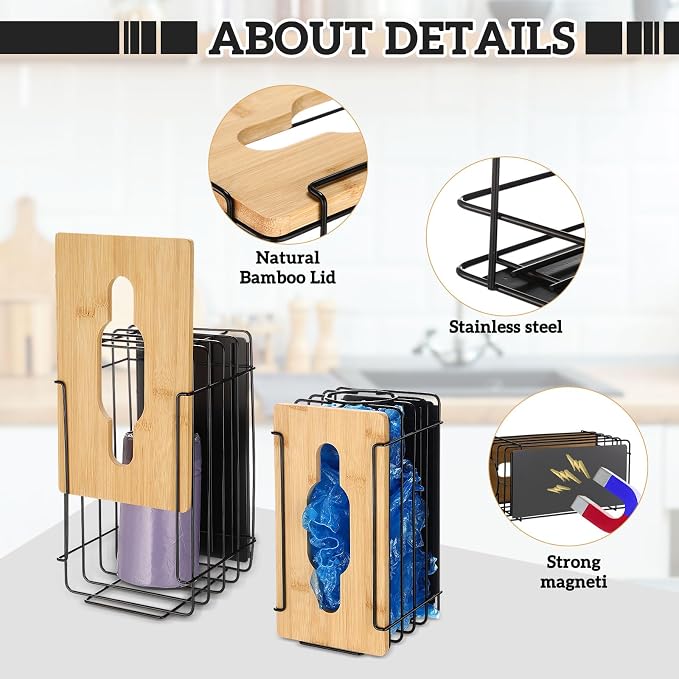 2 Pack Magnetic Trash Bag Holder Basket Garbage Bag Magnetic Dispenser Roll Holder with Bamboo Lid Kitchen Laundry Organizers and Storage Container for Laundry Room Kitchen