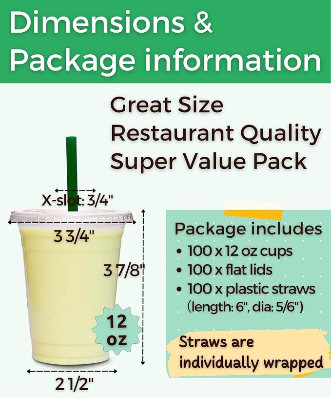[100 Sets] 12 oz Clear Plastic Cups with Lids and STRAWS, Disposable Party Cups for To Go Iced Coffee Cold Drinks, Smoothie, Juice, Parfait, Frappuccino, Milkshake. No Leaking Fruit Cup