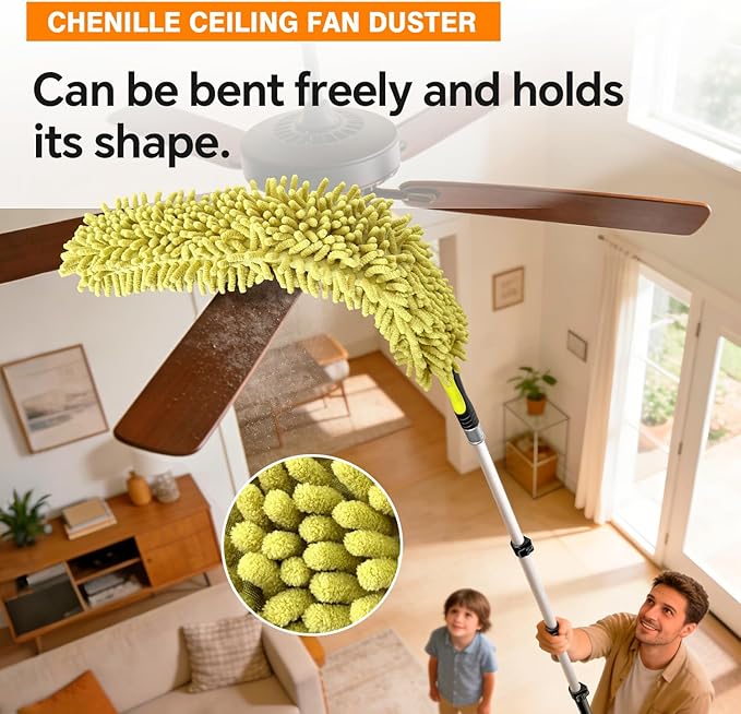 ARTIPOLY 4-12Ft Telescoping Extension Pole Kit, 4-in-1 High Reach Duster with Chenille Microfiber Feather & Cobweb Duster Attachments for Ceiling Wall Hard-to-Reach Indoor & Outdoor Cleaning Yellow