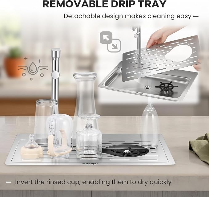 Huanyu Pitcher Rinser with Faucet | 360 Degree Rotating High-Pressure Nozzle | Stainless Steel Glass Rinser with Drain and Drip Tray | Funnel Shaped Sink | 18.11×9.05×11.82 in