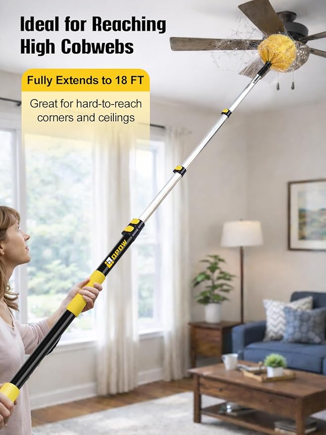 5-to-18 Foot Cobweb Duster with Extension Pole, Opow 25 Ft High Reach and 2 Replaceable Cleaning Washable Spider Web Brush Heads and Universal Joint Angle Adaptor Heavy Duty for Indoor & Outdoor Use