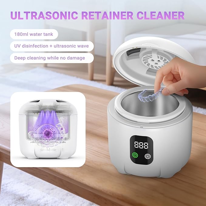 Ultrasonic Retainer Cleaner 25W Portable Ultrasonic Denture Cleaner Multi-Mode 45KHz with Drying and Removable Inner for Dental Trays, Braces, Jewelry, Toothbrushes, Mouth Guards, Aligners,Ring White
