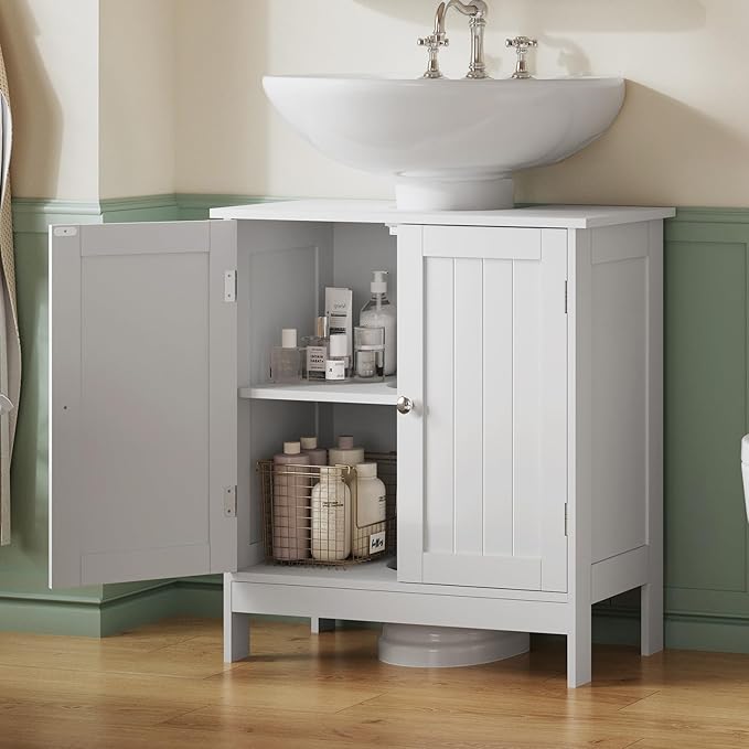 TEENFON Pedestal Sink Storage Cabinet, Under Sink Cabinet with 2 Doors & Shelf, Under Bathroom Sink Cabinet, Pedestal Sink Storage for Bathroom, White