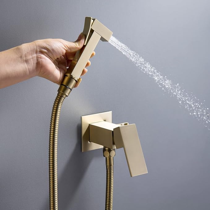 Handheld Bidet Sprayer Head Warm Water Mixing Kit Brushed Gold Brass | Square Bidet Hand Held Sprayer Shattaf Bathroom Attachment for Toilet with Concealed Hot and Cold Mixing Valve
