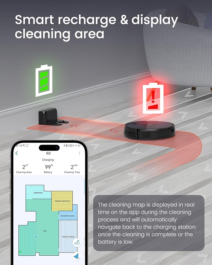 Robot Vacuum and Mop Combo, 100Min Runtime, APP&Voice Control, Ultra-Thin, Tangle-Free, Self-Charging Robotic Vacuum Cleaner, Good for Pet Hair, Hard Floor and Medium-Pile Carpet