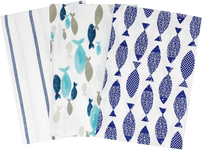 Wrapables® 100% Cotton Kitchen Dish Towels (Set of 3), Fish