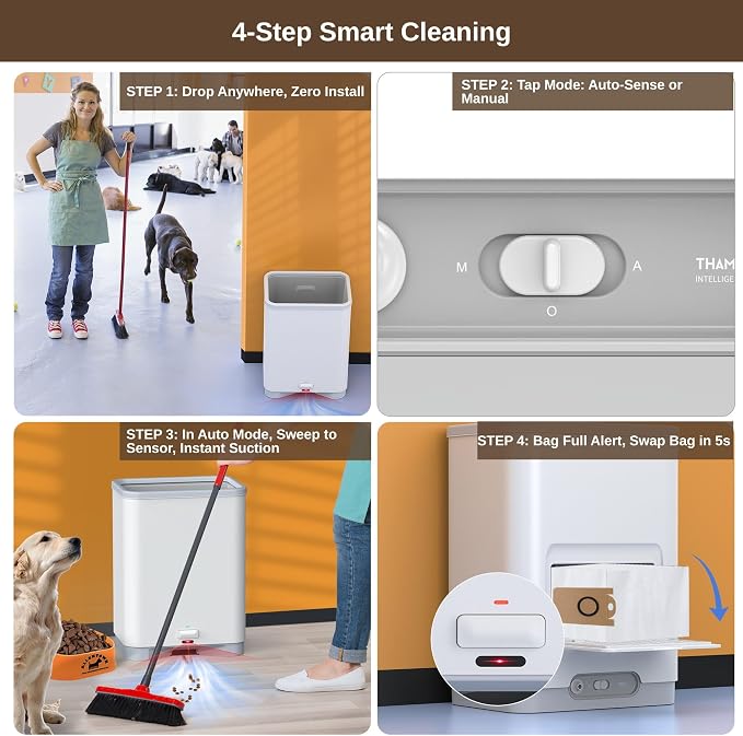 Touchless Vacuum Automatic Dustpan with 2 Operation Modes - Ultra Fast & Powerful Corded Canister Pet Vacuum Electric Dustpan for Sweeping Pet Hair, Salon, Food Crumbs & Dirt