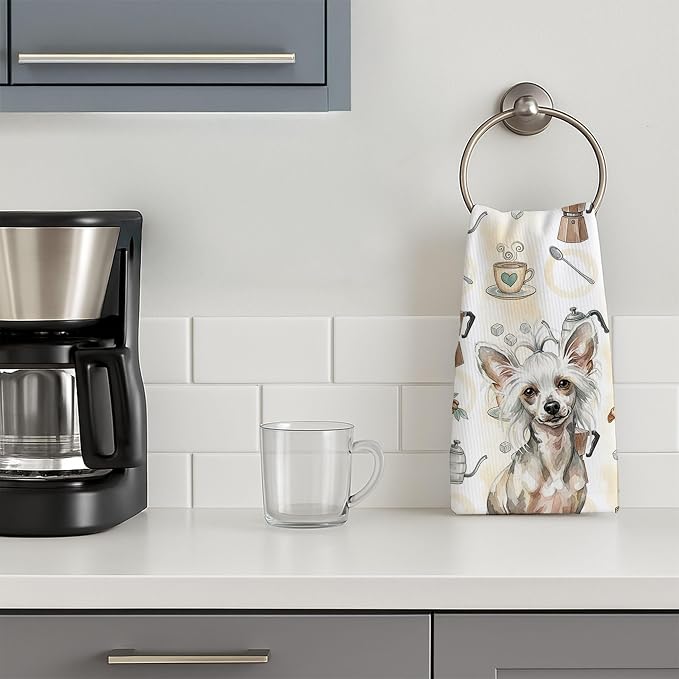 Caroline's Treasures Hairless Mottled Pattern Chinese Crested Coffee Bar Kitchen Towel Velour Plush Front and Cotton Loop Back Machine Washable