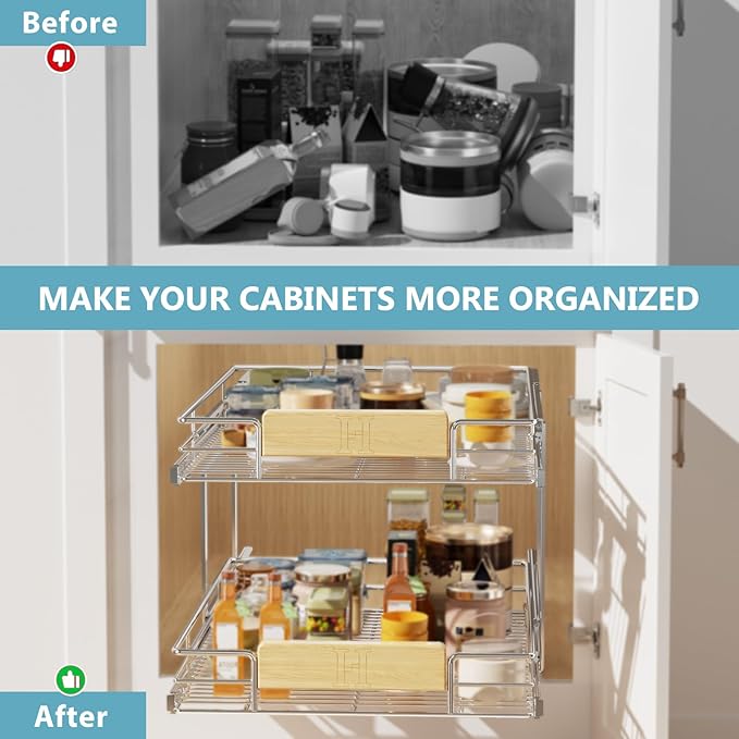 LOVMOR 2 Tier Pull Out Cabinet Organizer 16½" W x 21½" D, Slide Out Drawers with Wooden Handle, Sliding Shelves Organization and Storage for Kitchen, Pantry