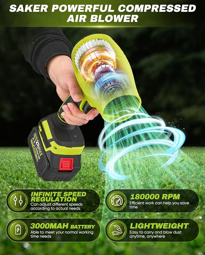 Saker Cordless Leaf Blower Portable Dust Cleaner Handheld Turbo Jet Blower 180000 RPM Air Duster with Adjustable Speed for Drying Patio Cleaning 3 Batteries Green