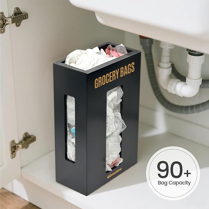 Libreshine Extra Large Black Bamboo Grocery Bag Holder for Plastic Bags, Under Sink Cabinet or Wall Mounted Organizer, Space-Saving Bag Dispenser for Kitchen, Pantry, Laundry Room, Garage