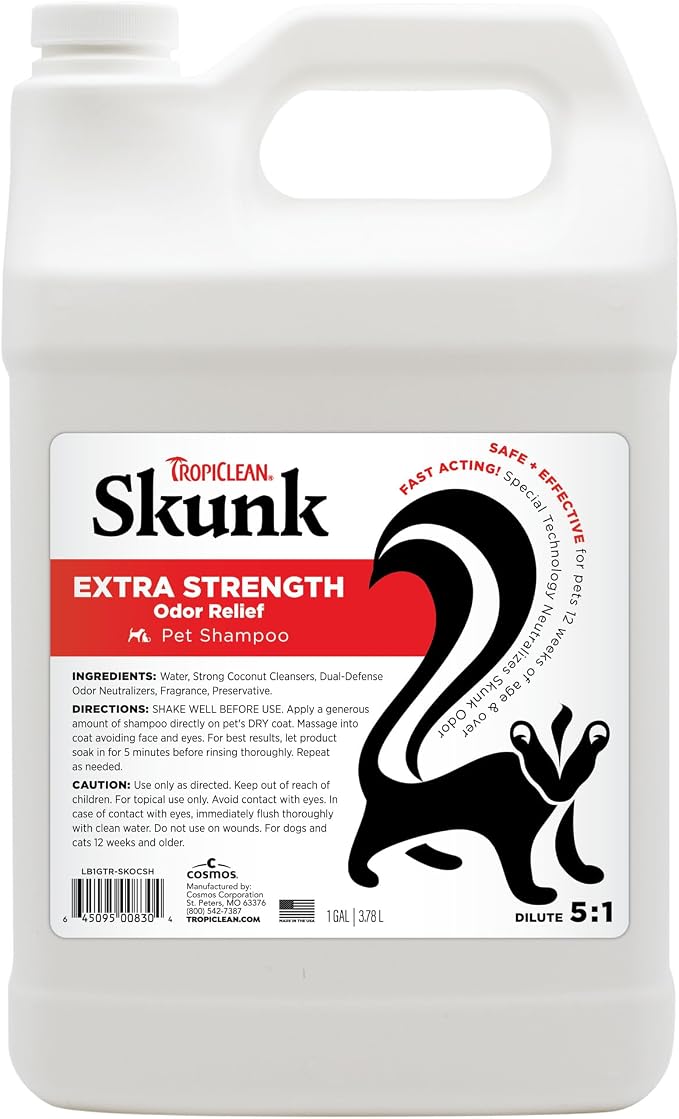 TropiClean Deodorizing Skunk Shampoo for Dogs - Extra Strength Skunk Odor Remover - 24 Hour Fast Relief - Gallon