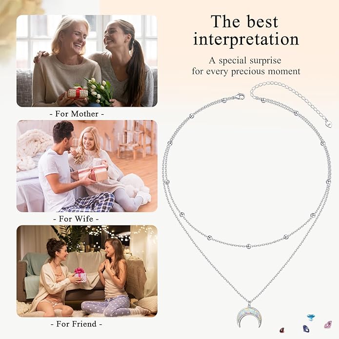 FLYOW Layered Choker Necklace S925 Sterling Silver Star Full Moon Daisy Flower Pendant Disc Jewelry Adjustable Clavicle Necklaces for Women Girls Birthday Gifts