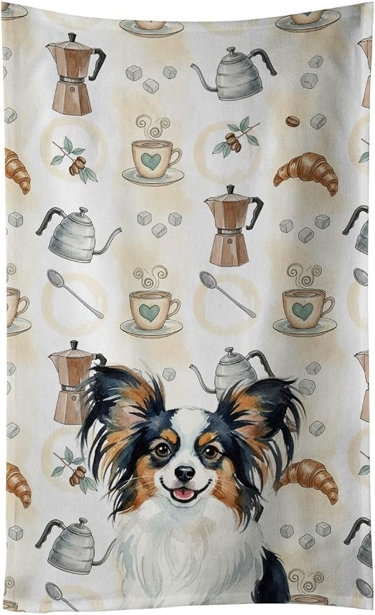 Caroline's Treasures Tricoilor Papillon Coffee Bar Kitchen Towel Velour Plush Front and Cotton Loop Back Machine Washable