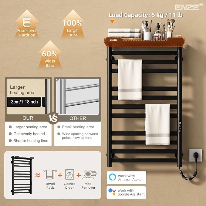 ENZE Smart Heated Towel Rack, 11-Bar Wall-Mounted Electric Towel Warmer with Shelf, Wi-Fi App Control, Adjustable Temperature & 24H Timer, Low Carbon Steel, IPX5, Plug-in/Hardwired, Matte Black