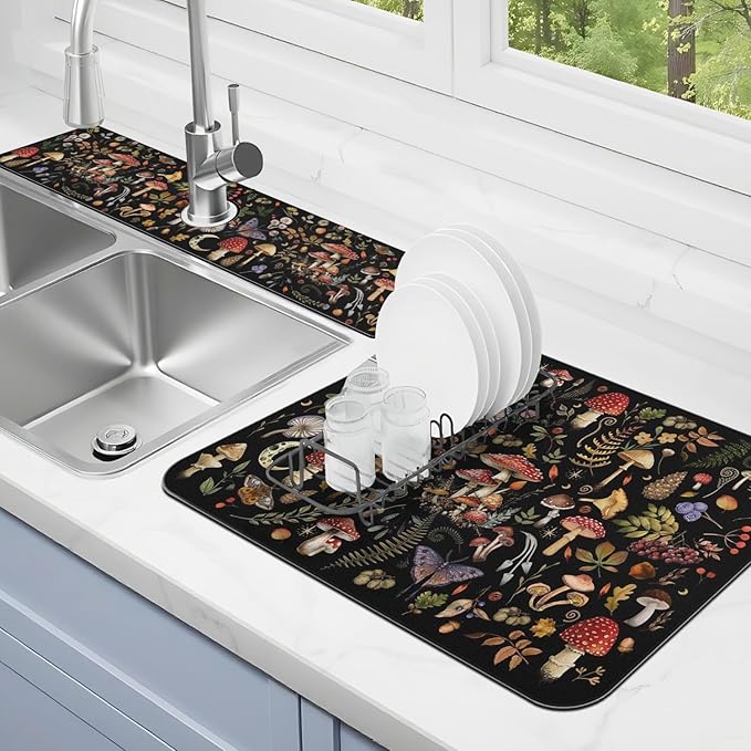 Dish Drying Mat for Kitchen Counter Matt, 2PCS 19"x12" Dish Drainer Mat & 24"x5.5" Sink Splash Guard, Super Absorbent Non-slip Rubber Backed