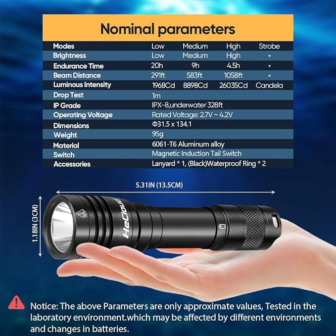 3000LM Scuba Diving Flashlight with Rechargeable Dive Light Underwater Flashlight 328ft IPX8 Waterproof 4 Modes Scuba Safety Light with Charger for Submarine Deep Sea Snorkeling