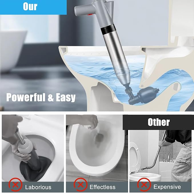 Fast Toilet Plunger High Pressure with Storage Bag, Heavy Duty Air Drain Blaster & Unclogger Tool, Clog Remover Kit & Toilet Snake Alternative for Bathroom, Toilets, Sinks, Tubs, Pipes (Gray)