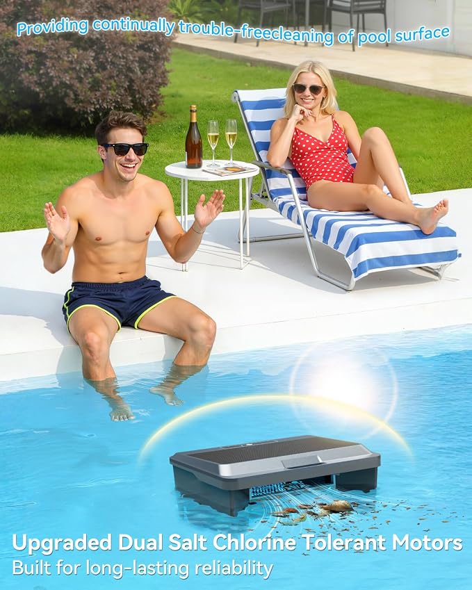 (2026 New) WAVIO Solar Powered Robotic Pool Skimmer Surface Cleaner with APP Support Dual Charging Options Smart Obstacle Avoidance 24/7 Continuous Cleaning Ideal for Above Ground Pools