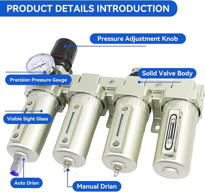 1/2" Air-Dryer-for-Compressor, 4 Stage 3Filter&1Dryer System,Auto Drain | NPT Industrial Grade Air-Compressor-Water-Separator-System for Plasma Cutter and Paint Spray