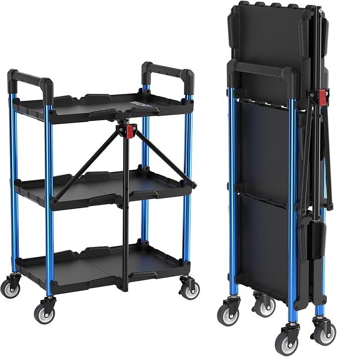 WORKPRO 3-Tier Collapsible Service Cart, Black/Blue, 210 LBS Foldable Utility Cart with Wheels, Portable Rolling Tool Cart for Garage, Warehouse, Home, Restaurant and Office (No Assembly Required)