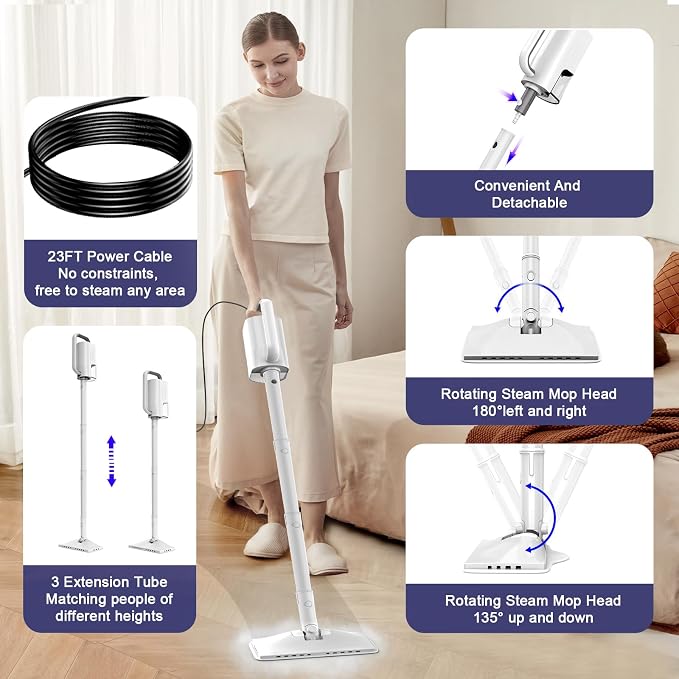 6-in-1 Steam Mop, 1200W Rotated Steam Cleaner for Home, 2 Modes, 400ML Removable Tank, 23FT Power Cord, 2 Pads, Multi-Surface Steamer for Hard Floor, Laminate Floor, Tiles Cleaning (White Silk)