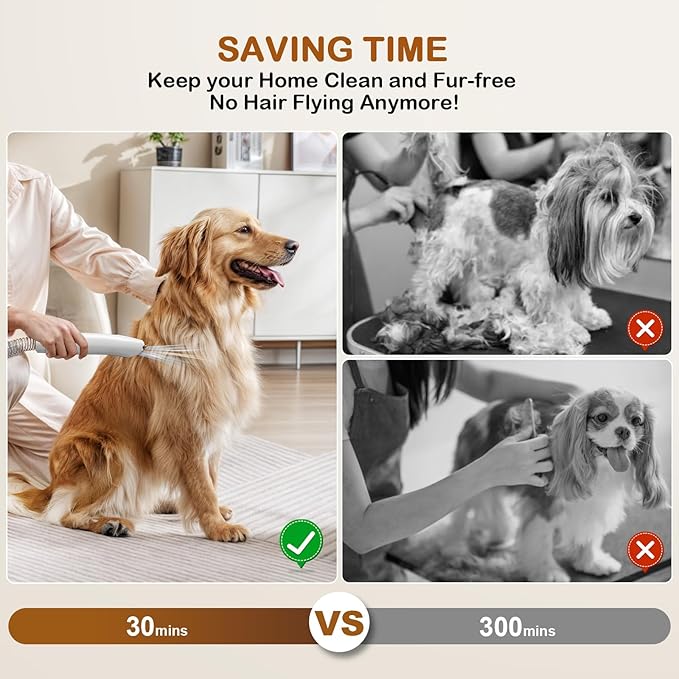 Dog Grooming Vacuum, Dog Grooming Kit, 3 Suction Modes Dog Brush Vacuum with 5 Pet Grooming Tools (Ivory)
