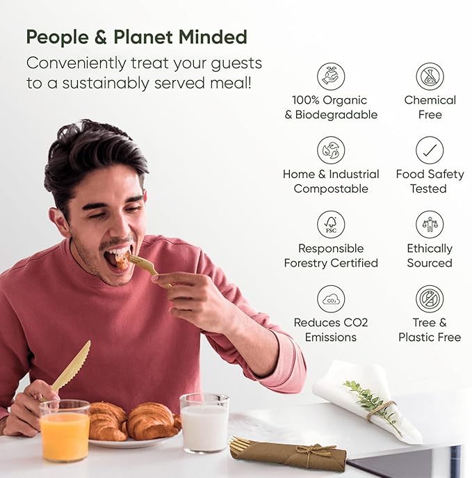 EcoPreps Premium Pre Rolled Brown Paper Napkin and Bamboo Cutlery Set (50 Pack, 200 PCS) 100% Biodegradable, Disposable Wrapped Disposable Silverware Cutlery - Pre-Wrapped Bamboo Forks, Knives, Spoons