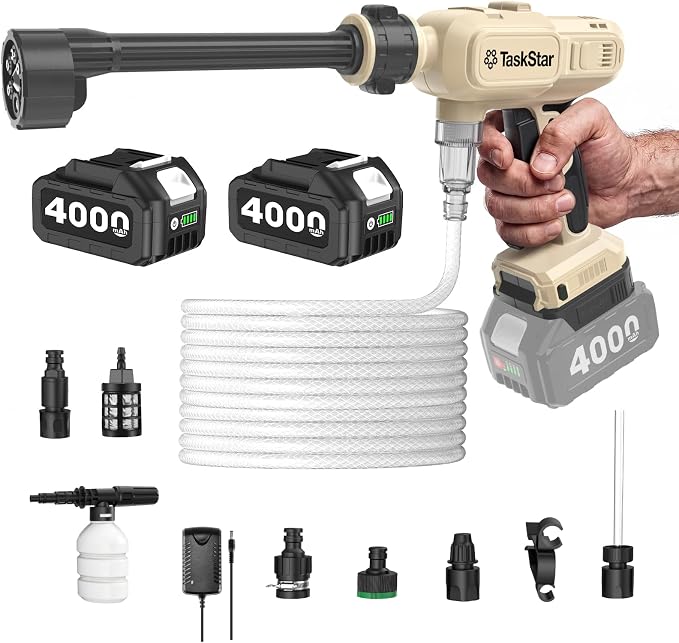 TaskStar Portable Cordless 1250PSI High Pressure Power Washer | 2X 4.0Ah Batteries, Brushless Motor, 2 Power Modes, 6-in-1 Spray Nozzle, 26FT Extended Hose for Car, Garden, Outdoor Cleaning