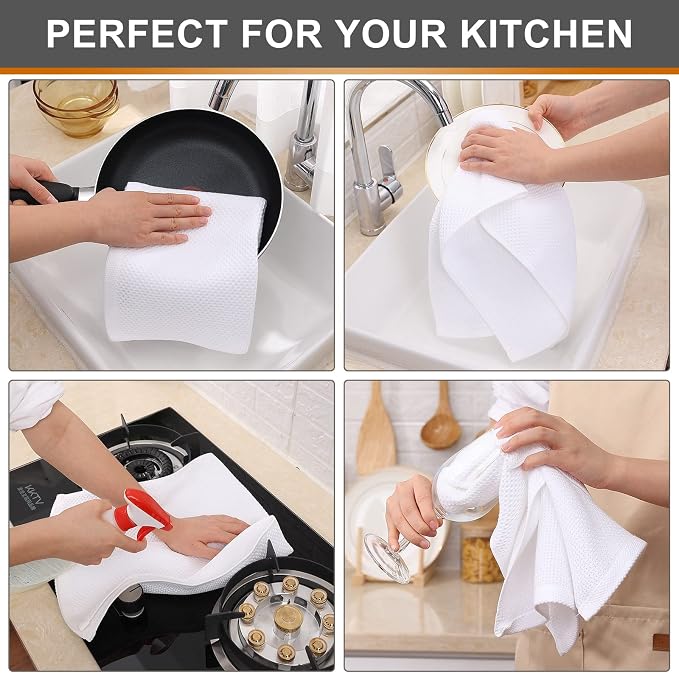 Kitinjoy 100% Cotton Waffle Weave Kitchen Hand Towels (13 X 28 Inches, White), 6-Pack Super Soft and Absorbent Dish Towel for Drying Dishes