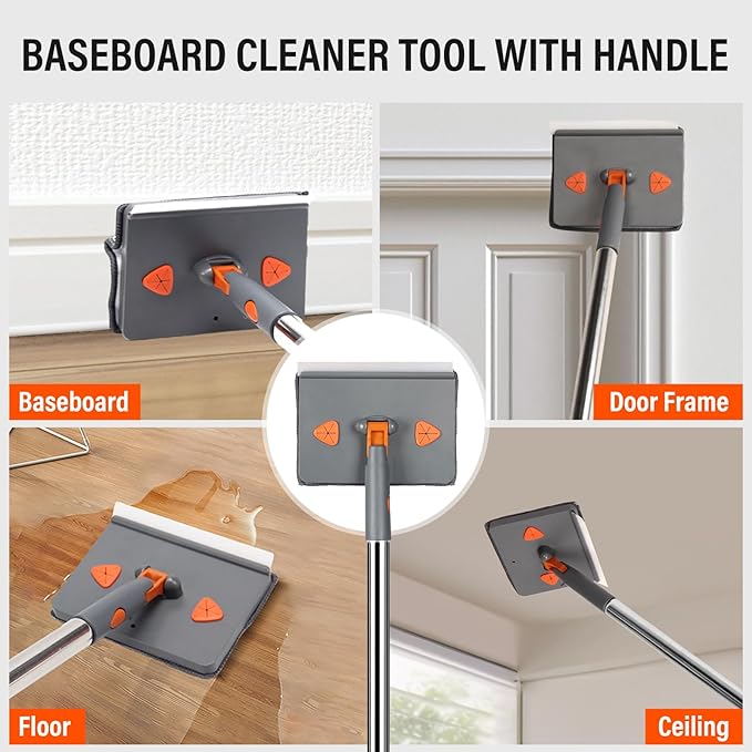 Baseboard Cleaner Tool with Handle,Wall Cleaner mop with Squeegee, Baseboard Cleaning Tool with 86" inch Extension Pole,8 Replacement Pads for Baseboards Cleaning, Ceiling, Wall, Floor, Shower