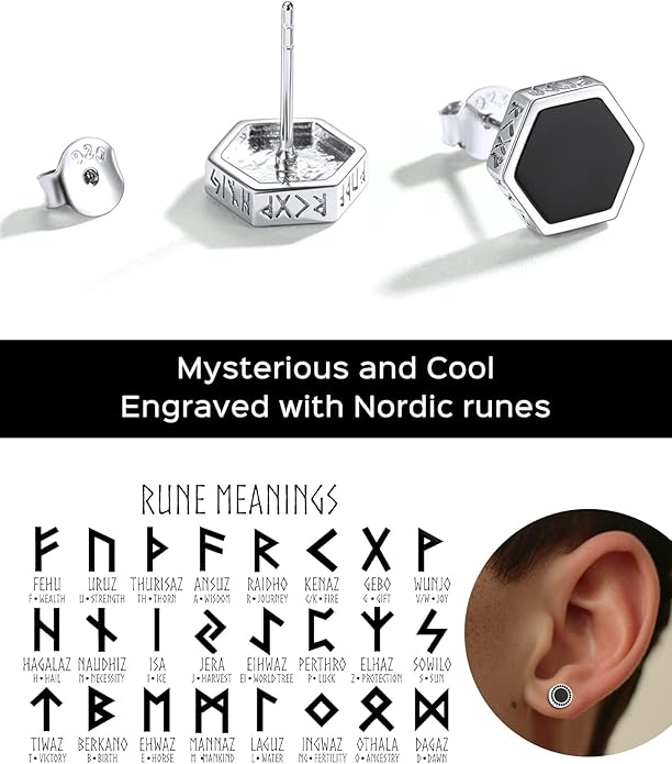 ChicSilver 925 Sterling Silver Viking Rune Natural Black Onyx Stud Earrings For Women Men