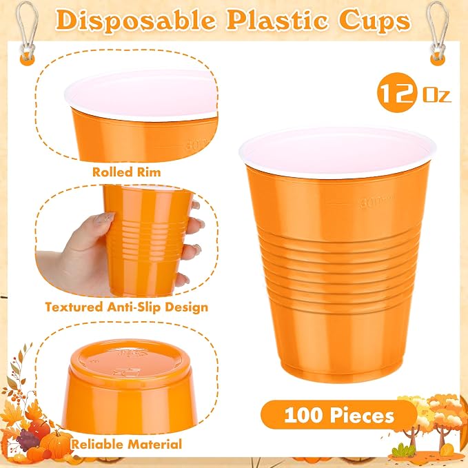 Kochorie 100 Pack Disposable Plastic Cups 12 Ounce Orange Solo Cups Drinking Party Cups Bulk Party Cups for Fall Thanksgiving, Wedding Birthday Parties, Picnics Events