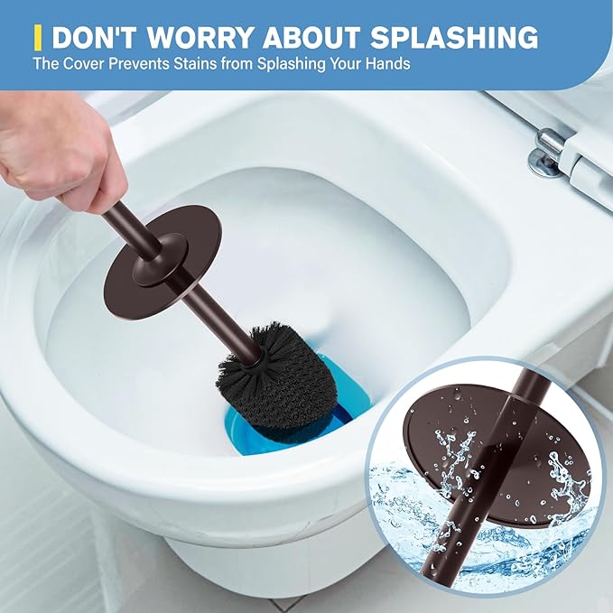 Toilet Brush, Aluminum Alloy Toilet Brush and Holder Set with Long Handle Durable Bristles Toilet Bowl Brush and Covered Holder for Toilet Scrubber for Bathroom Cleaning (2Pcs Dark Brown)