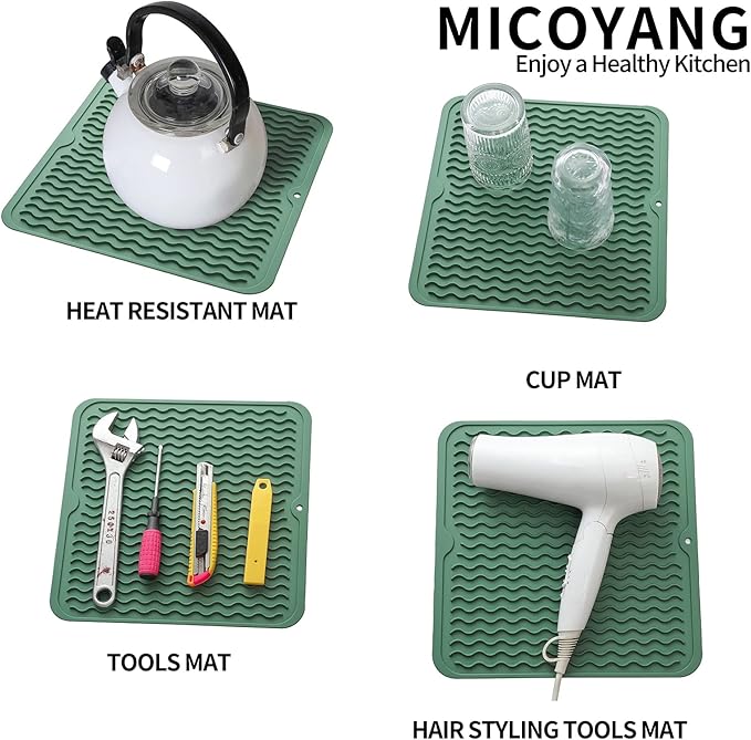 MicoYang Silicone Dish Drying Mat for Multiple Usage,Easy clean,Eco-friendly,Heat-resistant Silicone Mat for Kitchen Counter or Sink,Refrigerator or Drawer liner Green M 12 inches x 12 inches